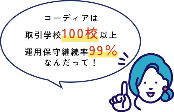 コーディアは取引学校100校以上 運用保守継続率99％なんだって！