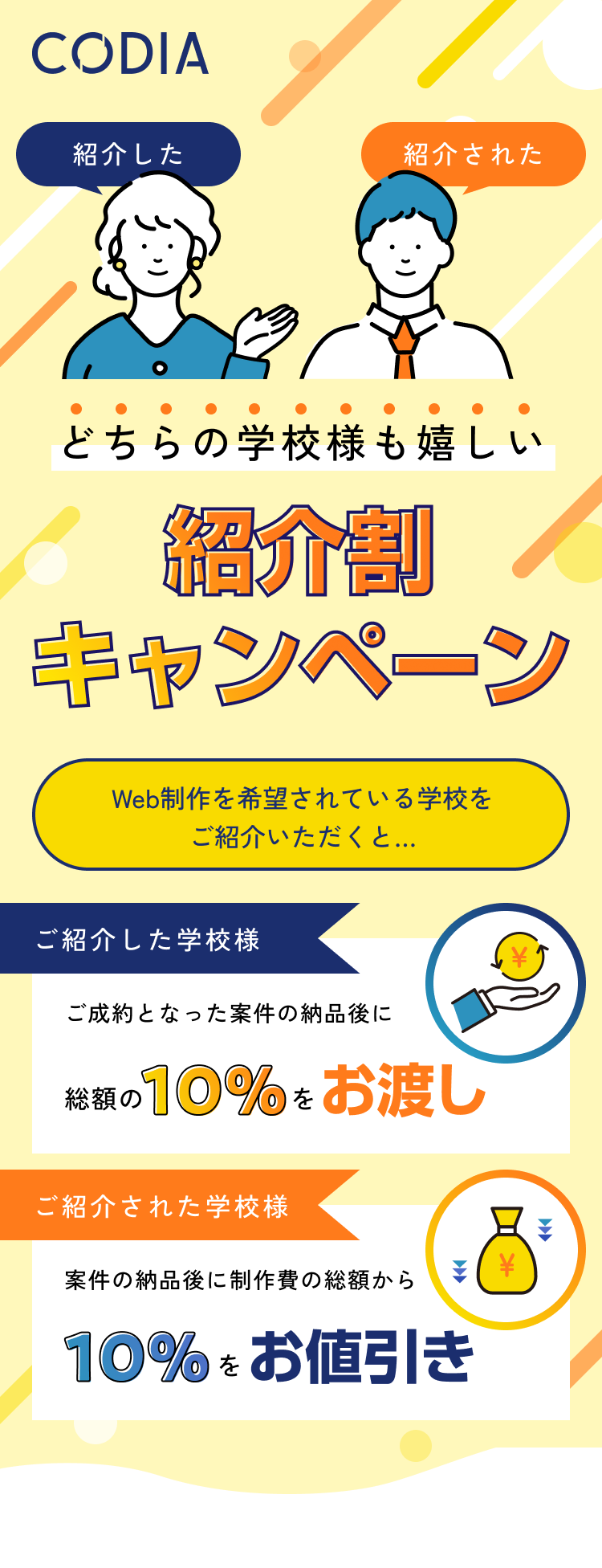 「紹介した」「紹介された」どちらの学校様も嬉しい紹介割キャンペーン Web制作を希望されている学校をご紹介いただくと…ご紹介した学校様にはご成約となった案件の納品後に総額の10%をお渡し、ご紹介された学校様には案件の納品後に制作費の総額から10%をお値引き ※ご発注額 税込30万円以上が特典の対象となります