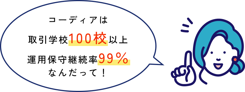 コーディアは取引学校100校以上 運用保守継続率99％なんだって！